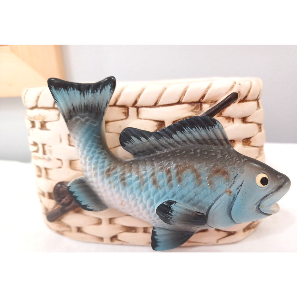 Napco VTG Blue Fish White Creel Basket Planter 6x3x3 #2413 Lake